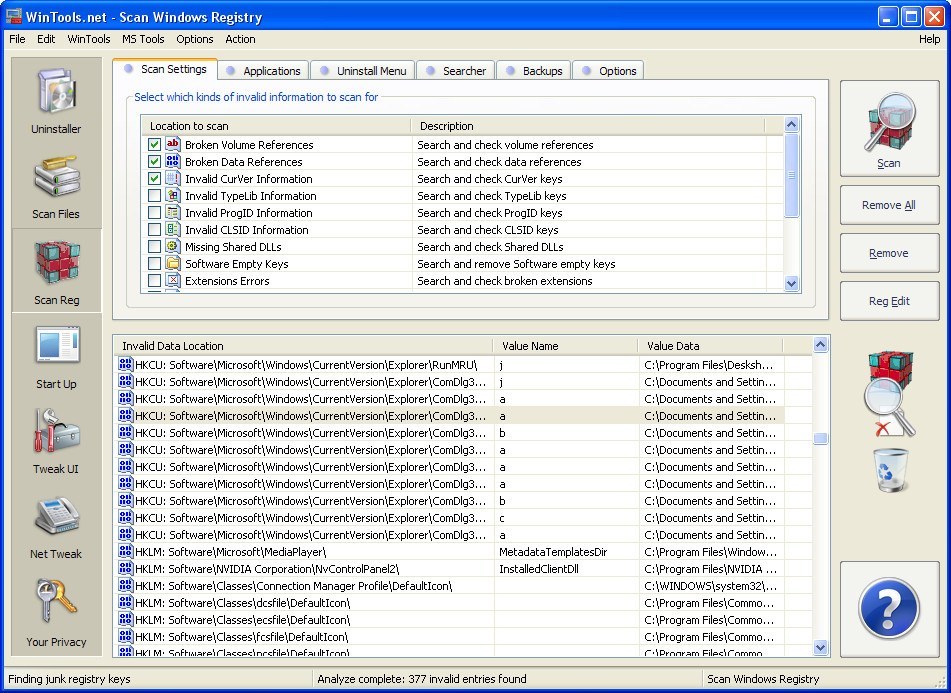 Registry Scanner Window