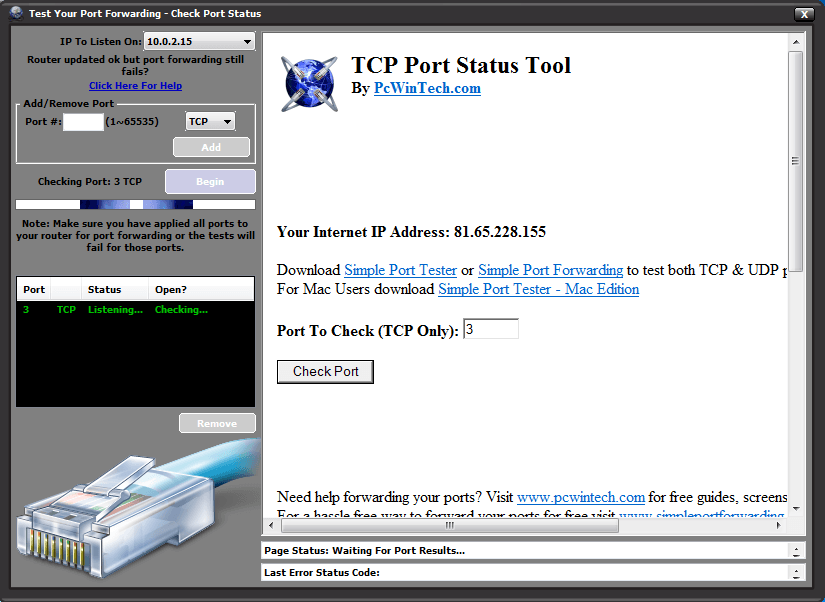 Testing if port 3 is open for TCP protocol