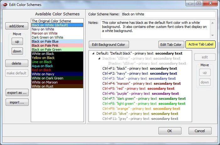 Edit Color Schemes window