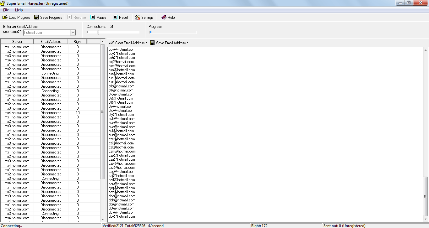 Email harvester at work - list of legitimate mail IDs listed on the right-side tab