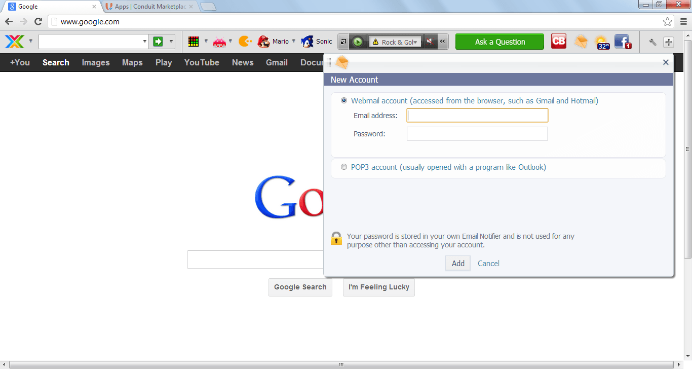 Email notification tab on toolbar