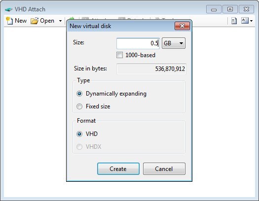 New virtual disk window