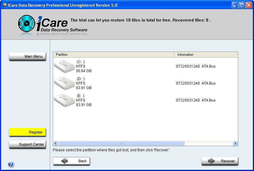 Files recovery window