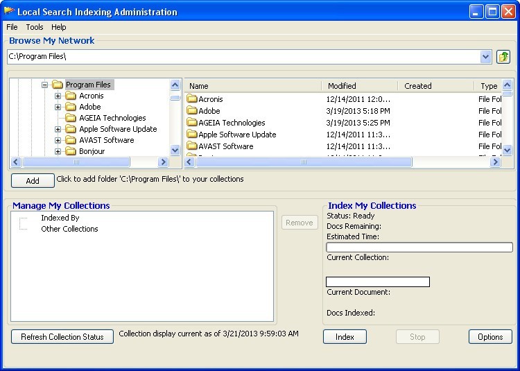Local Search Indexing Administration window