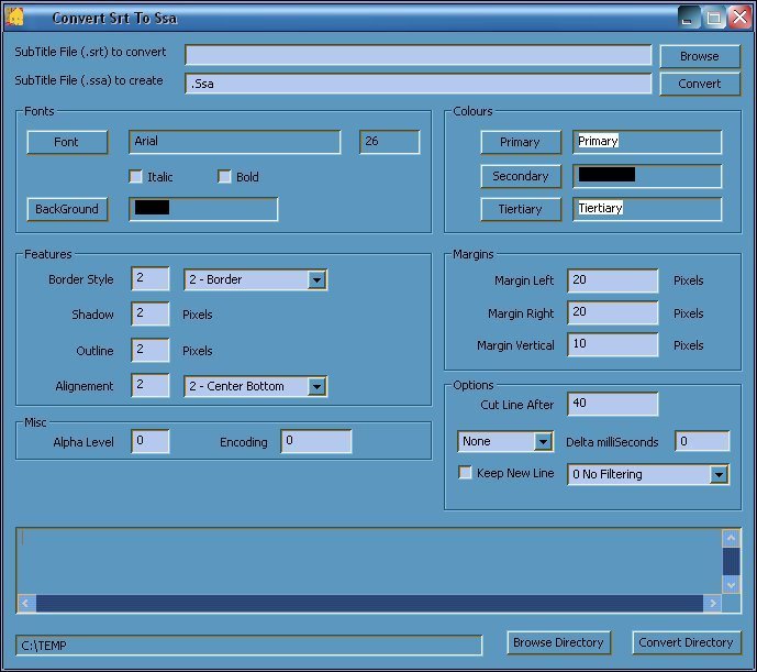 Srt to Ssa Converter unique window, containing all the visualization improving options