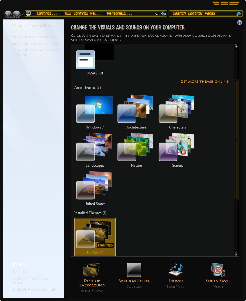 The Windows 7 Control Panel with Star Tech Theme