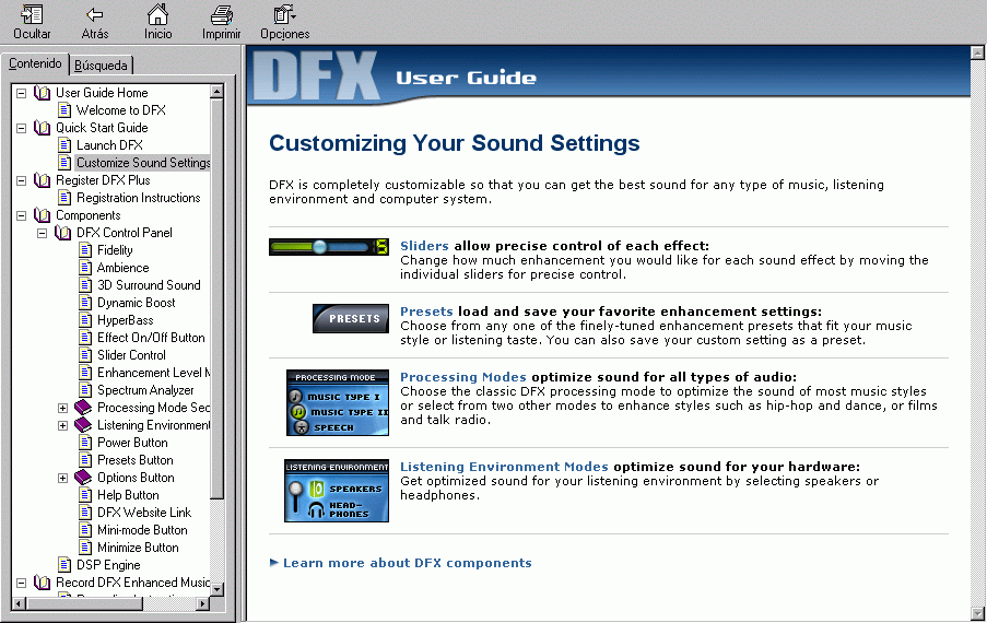 Sounds settings help window