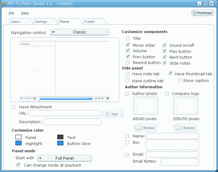 Panel options window