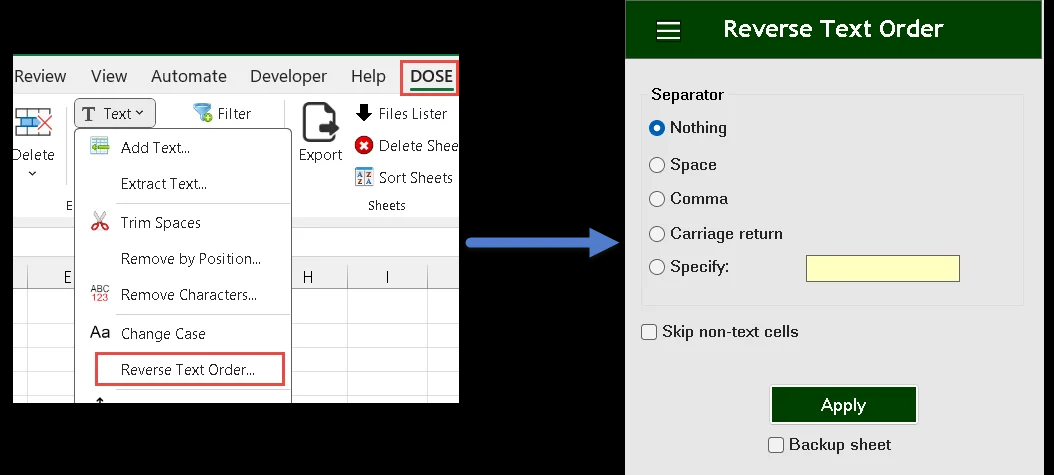 Reverse text order in Excel