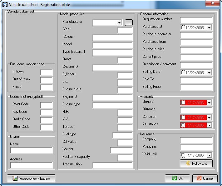 Vehicle datasheet window