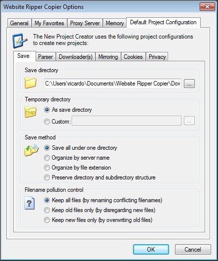 Options Window - Default Project Configuration Tab
