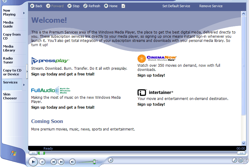 Windows Media Player 9.0: Services Tab