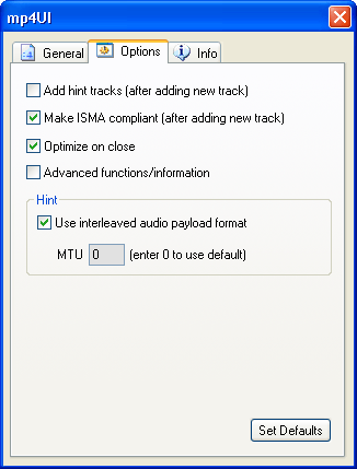 Options window