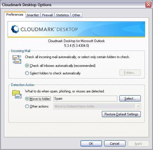 Cloudmark Desktop options