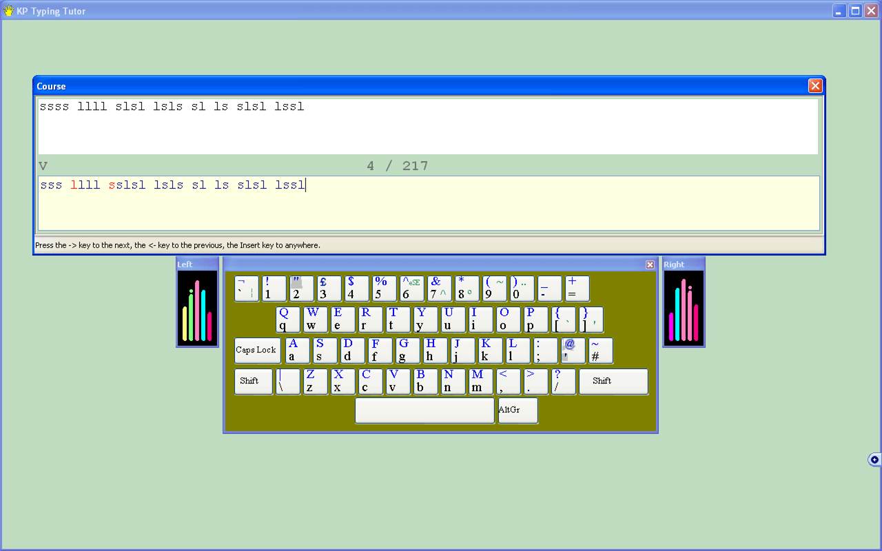 Course Screen showing letters typed in error