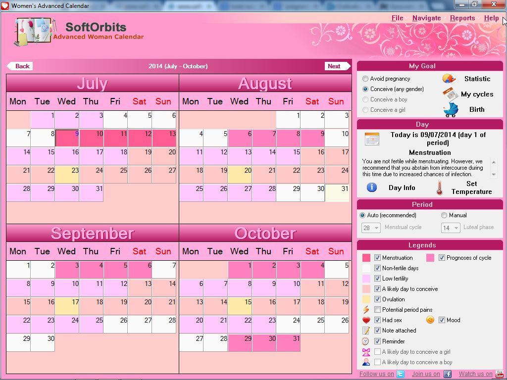 Main interface with menstrual periods