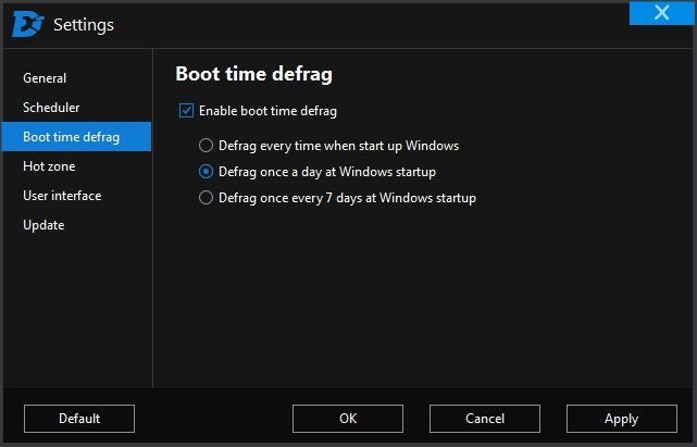 Settings Window - Boot Time Defrag