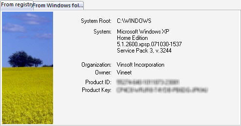 Windows XP Product Key Finder Registry Tab