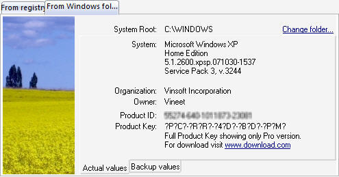 Windows XP Product Key Finder Windows Root Folder Tab