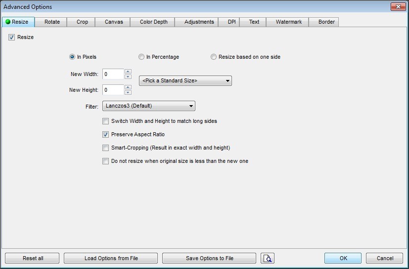 Advanced Options - Resize Section