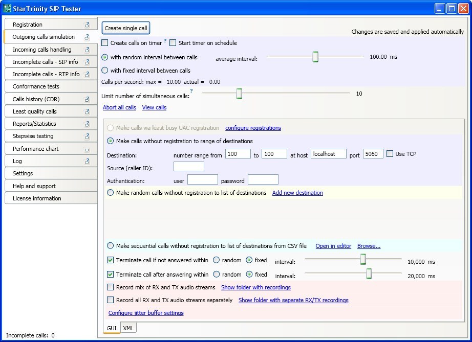 Call Simulation Window