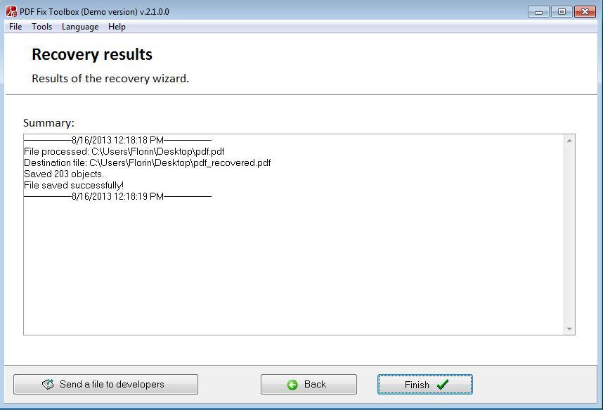 Recovery Results Window