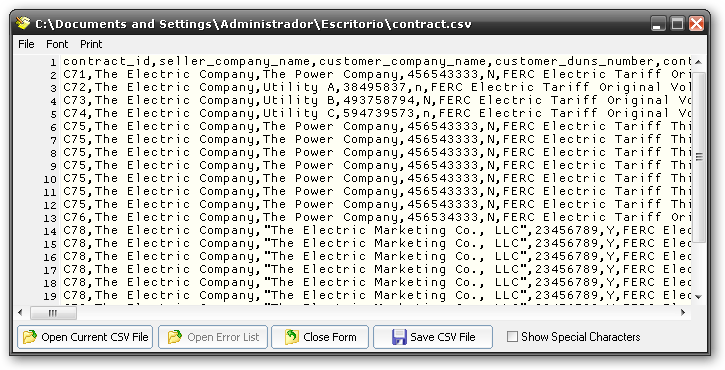 Viewing the CSV file in text mode