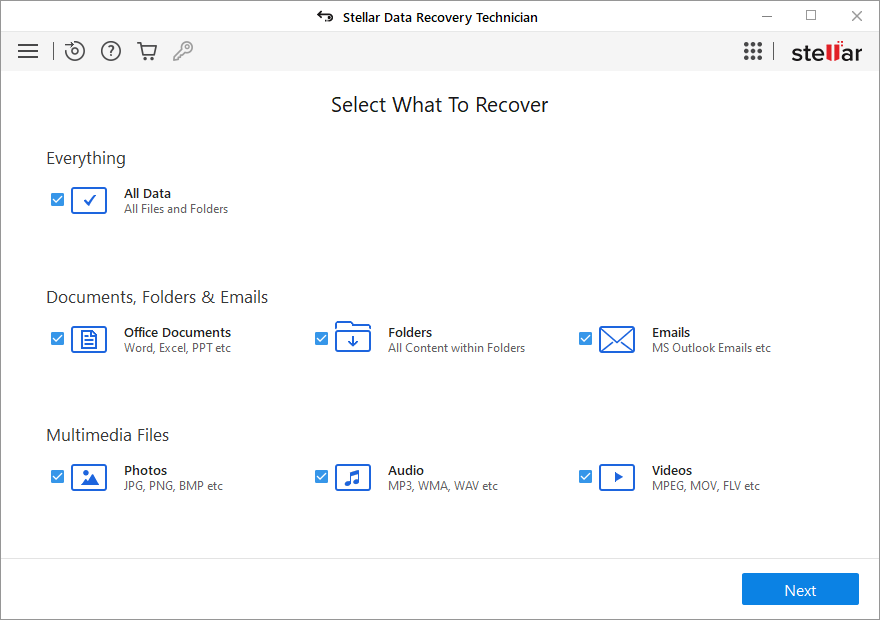 Select the type of data you wish to recover and click on the ‘Next’ button.