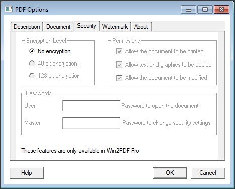 PDF Options - Security Tab