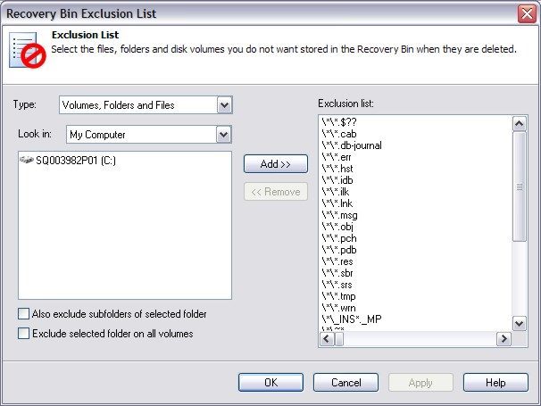Exclusion list window