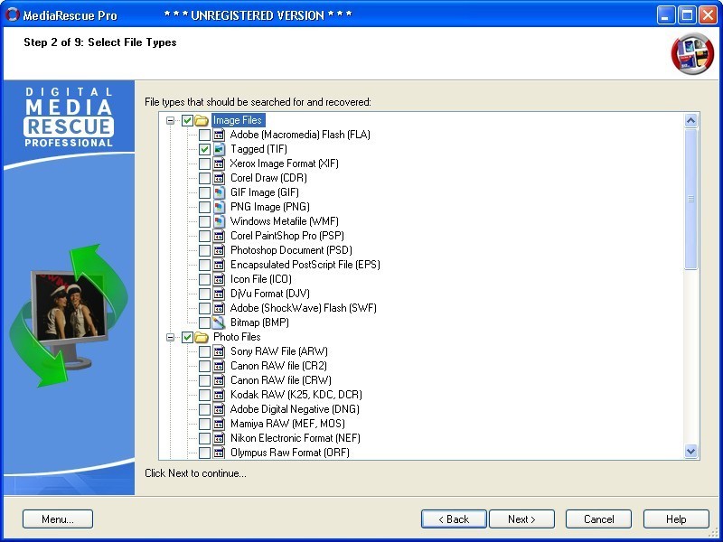 File types selection window