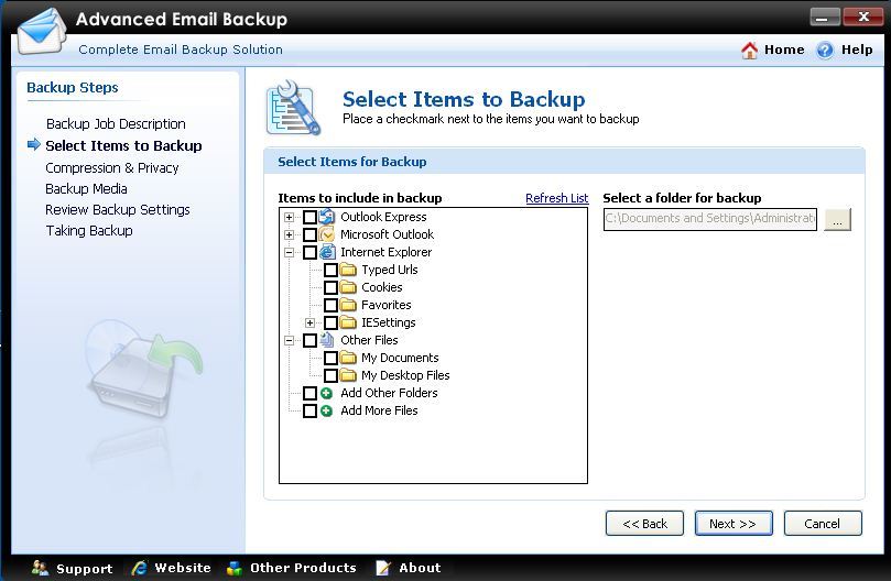 Select items to backup