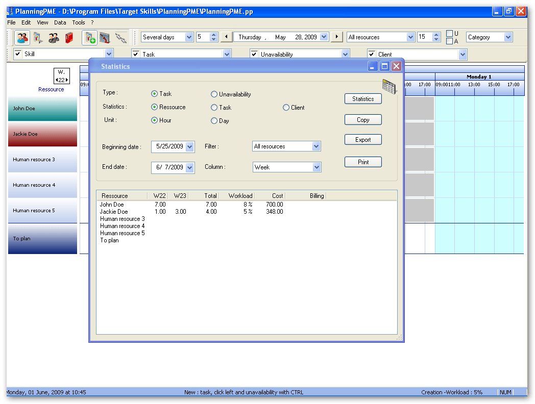 Statistics window