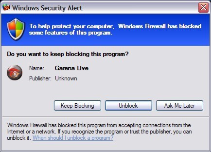 Windows security alert to unblock Garena Live