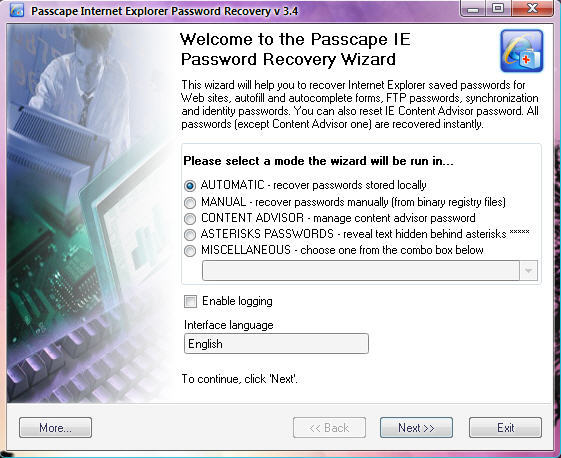 Passcape Internet Explorer Password Recovery 3.4 Main Window