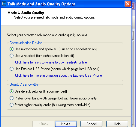 talk mode and audio quality options
