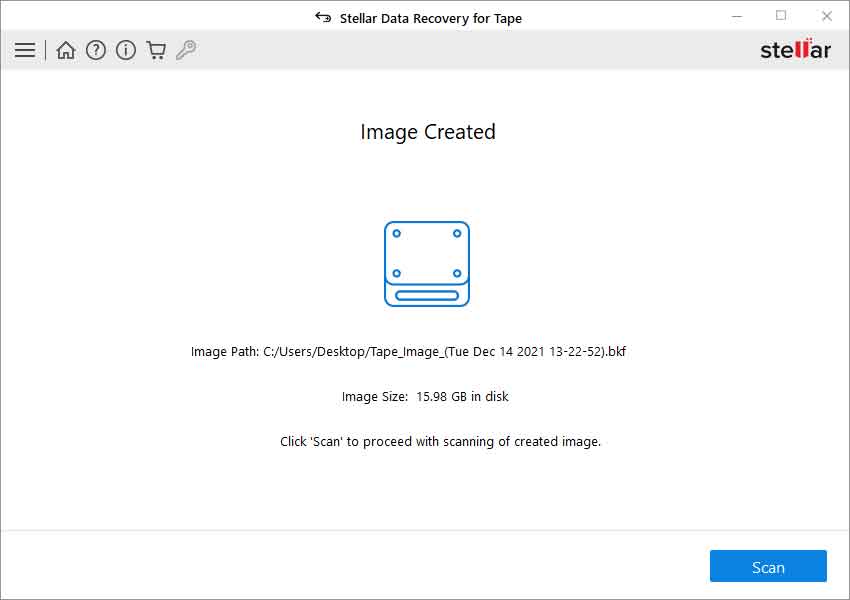  Image Created window appears. Click Scan to begin the tape recovery process.
