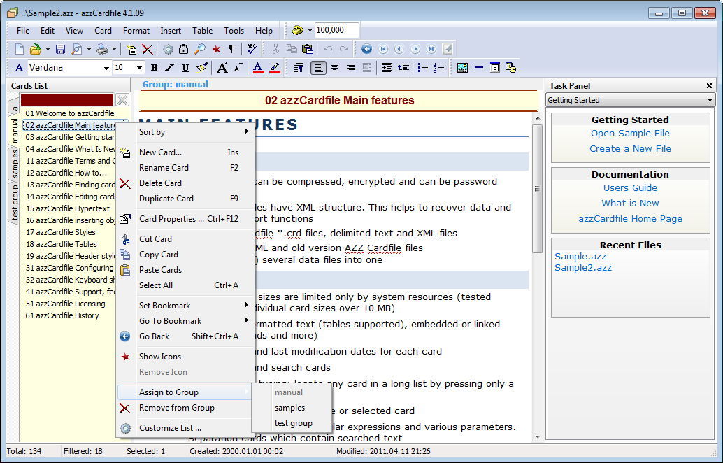 Card List Context Menu