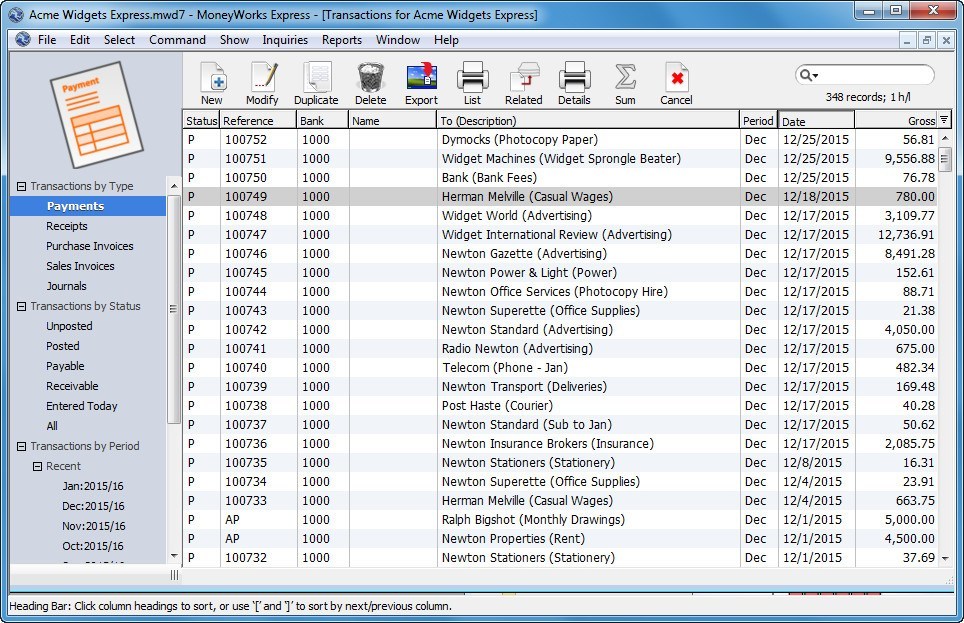 Transactions Window