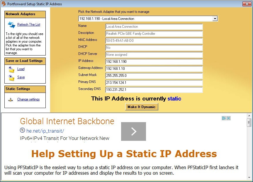 Setting Static IP Address