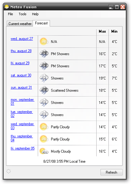 The application showing the forecast