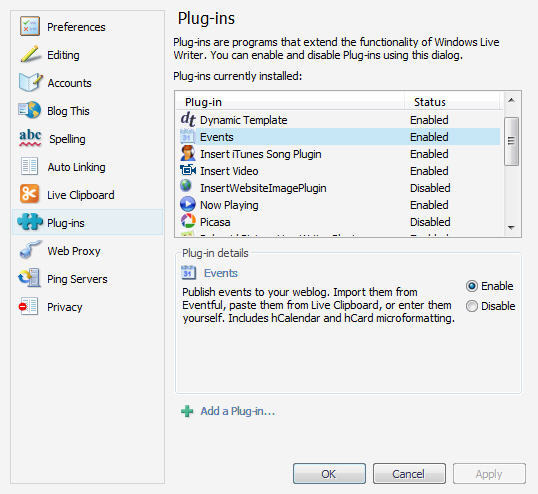 Windows Live Writer Event Plugin in your Plugin List