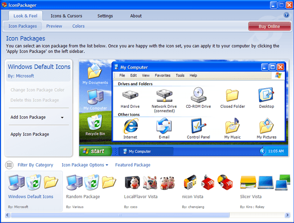 Main Window to select icon package.