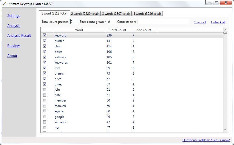 Analysis Results Window