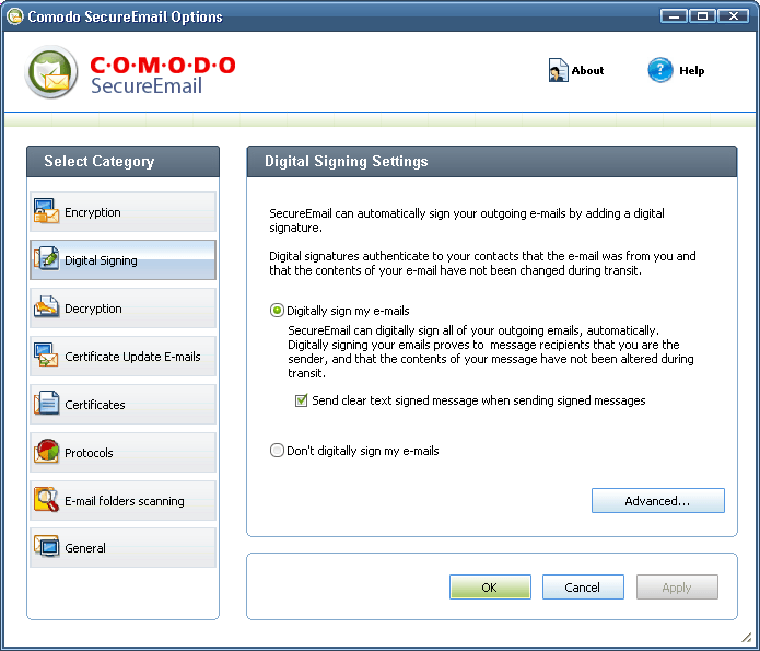 Digital Signing Settings Window