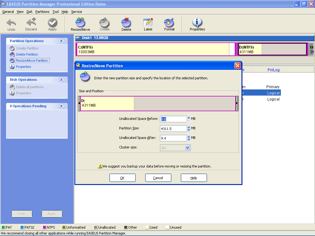 Resize/move partition window