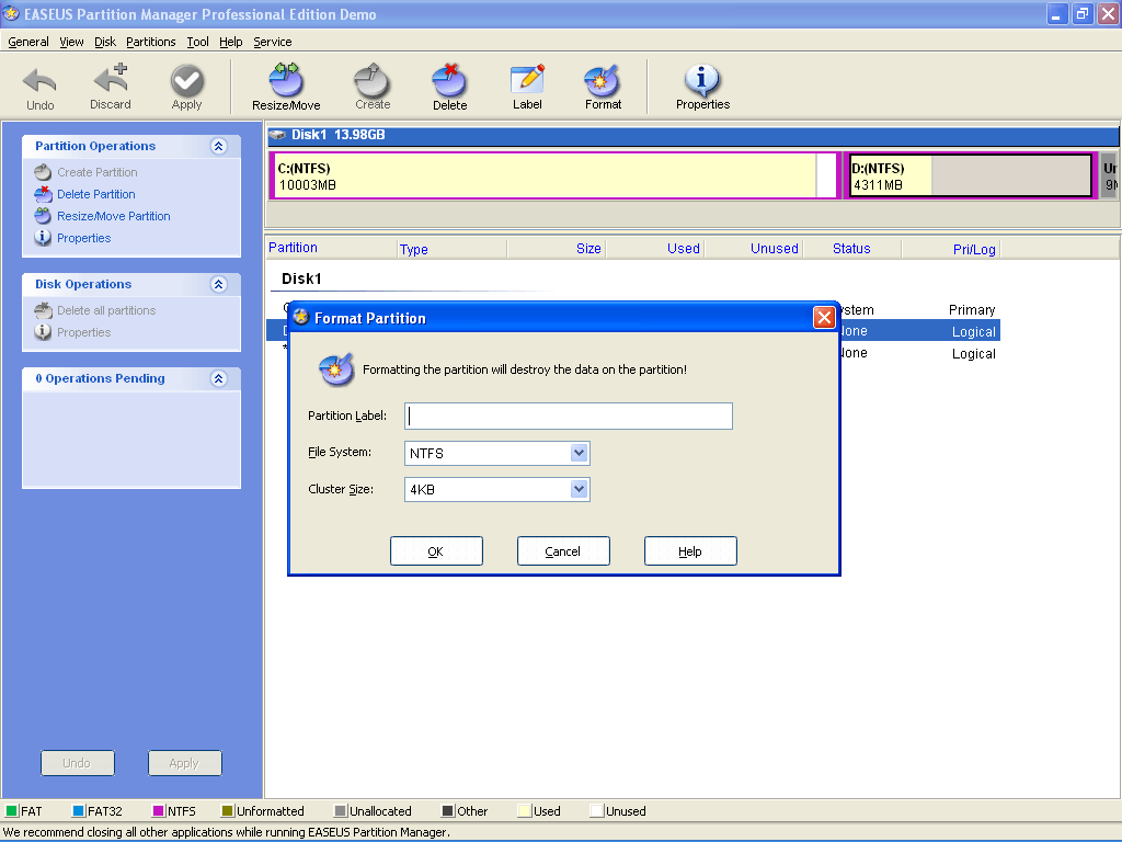 Partition format window