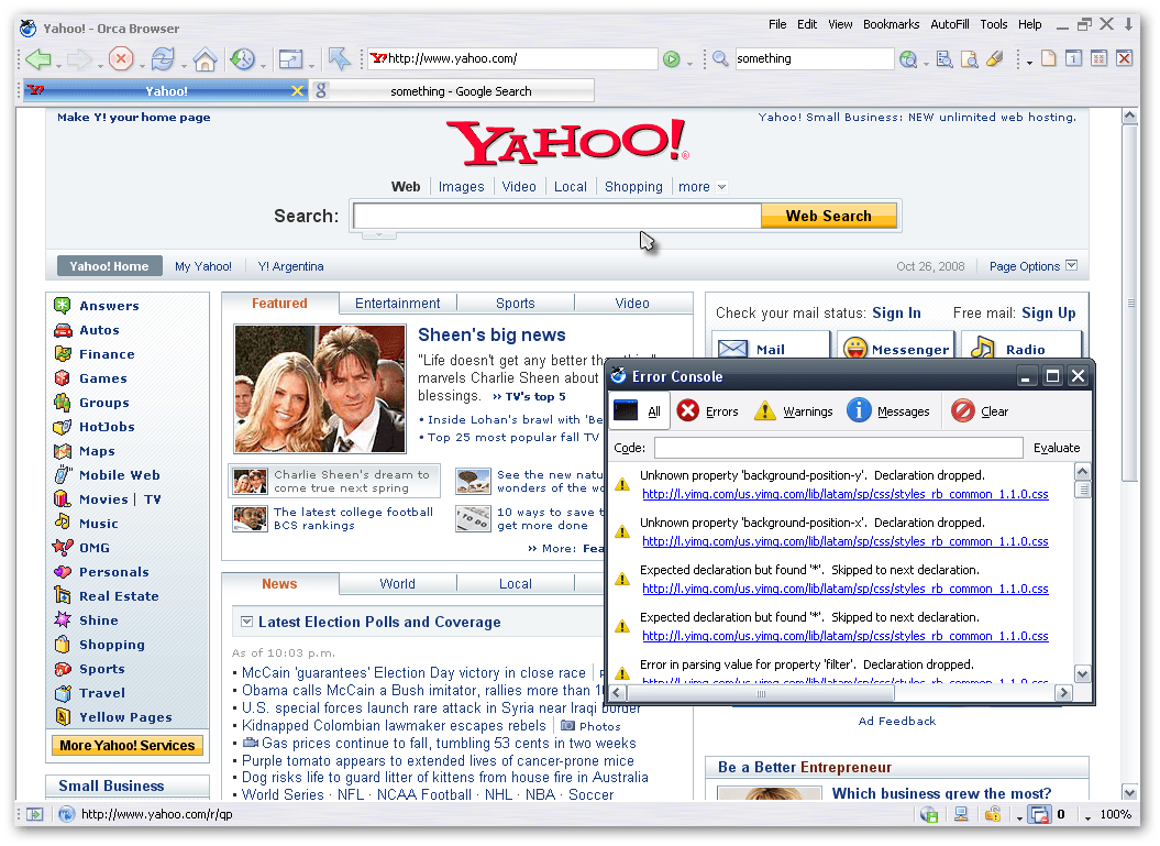 Yahoo site with error console
