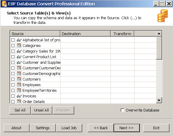 Select source table & view window