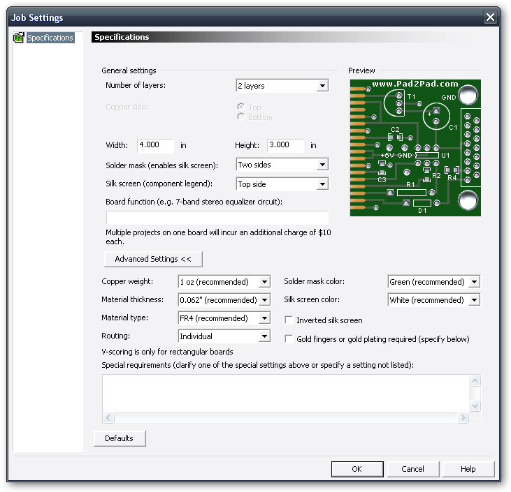 Job settings - starting a new project